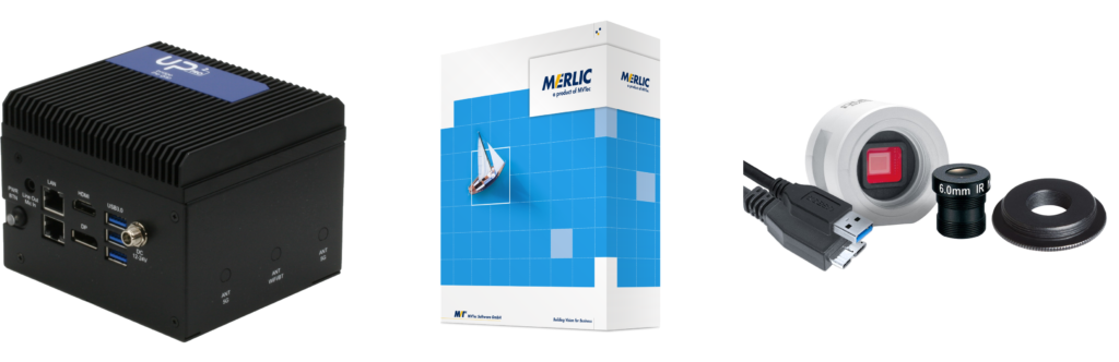 Components of the UP Squared Pro AI Vision Development Kit: UP Squared Pro Edge, MERLIC software from MVTec, and Basler camera