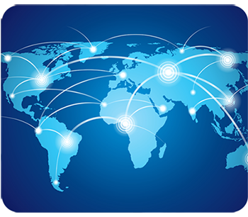 World map with connected dots showing global network connections.